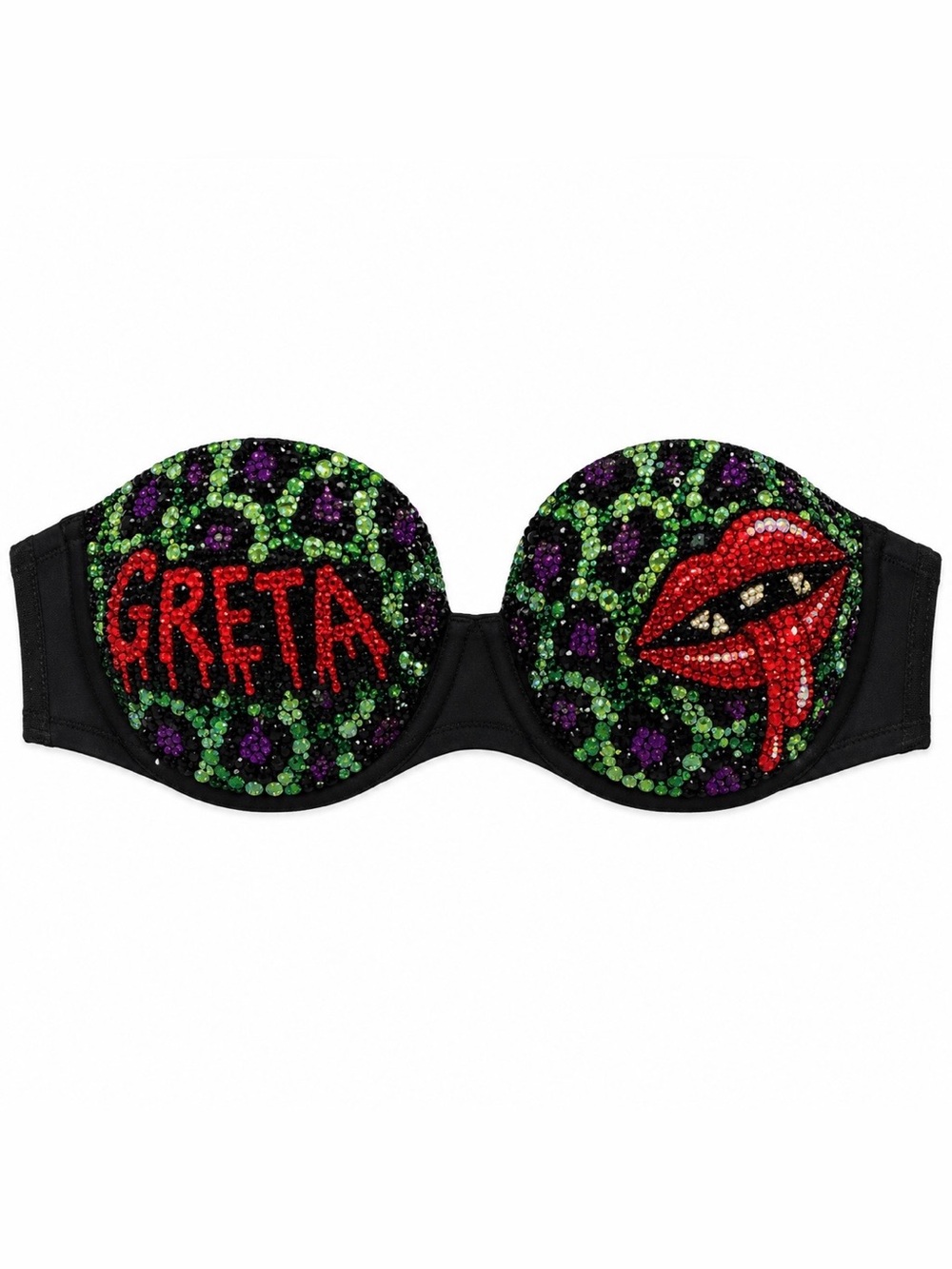 42B Gremlin Leopard Black Red & Purple Design Rhinestone Crystal Glam Bra New
